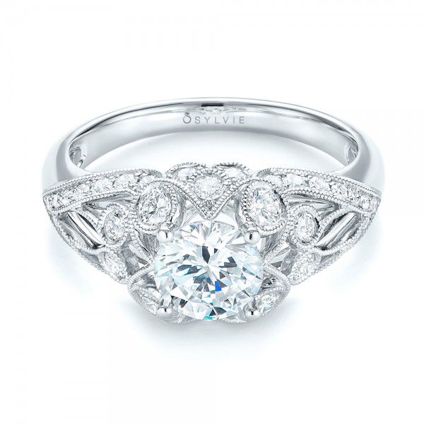 14k White Gold 14k White Gold Vintage-inspired Diamond Engagement Ring - Flat View -  103059