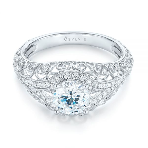 14k White Gold 14k White Gold Vintage-inspired Diamond Engagement Ring - Flat View -  103060