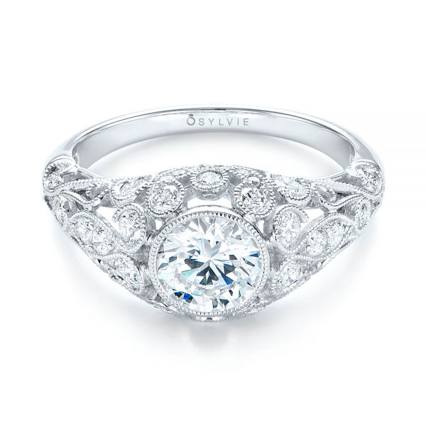 18k White Gold Vintage-inspired Diamond Engagement Ring - Flat View -  103062