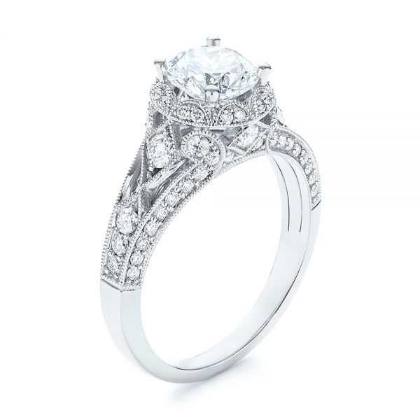 18k White Gold Vintage-inspired Diamond Halo Engagement Ring - Three-Quarter View -  103058