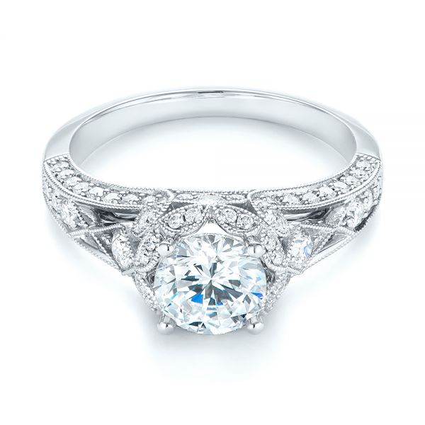 18k White Gold Vintage-inspired Diamond Halo Engagement Ring - Flat View -  103058
