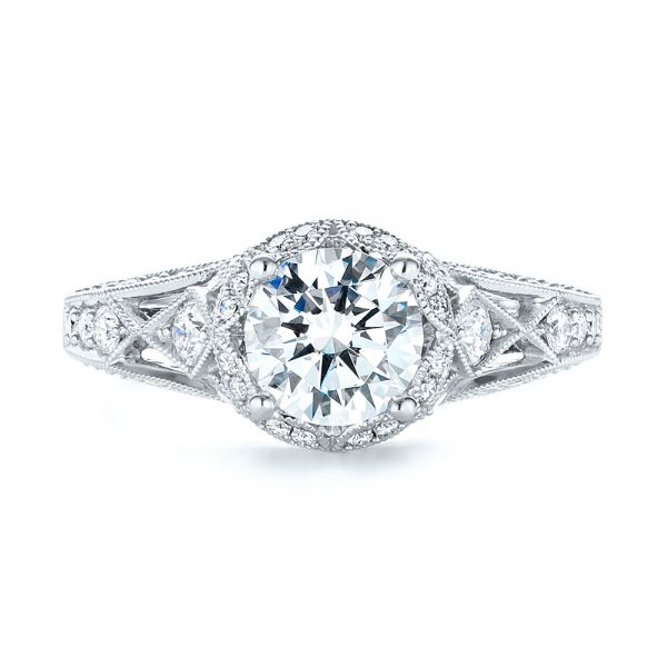 18k White Gold Vintage-inspired Diamond Halo Engagement Ring - Top View -  103058