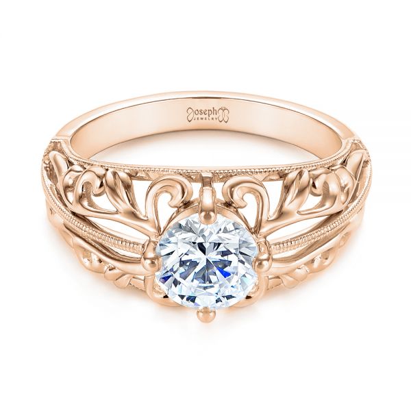 18k Rose Gold 18k Rose Gold Vintage-inspired Filigree Diamond Engagement Ring - Flat View -  105375