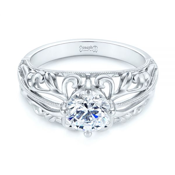 14k White Gold Vintage-inspired Filigree Diamond Engagement Ring - Flat View -  105375