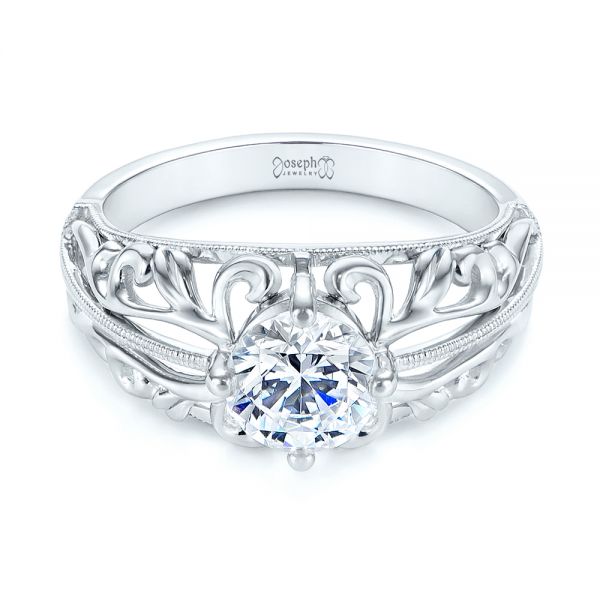 14k White Gold Vintage-inspired Filigree Diamond Engagement Ring - Flat View - 105375