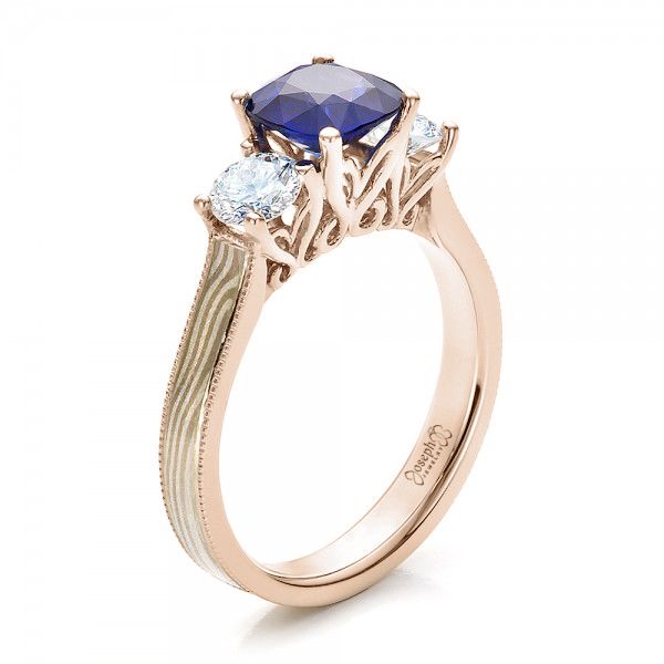 18k Rose Gold And Platinum 18k Rose Gold And Platinum Women's Blue Sapphire Diamond And Mokume Engagement Ring - Three-Quarter View -  100278