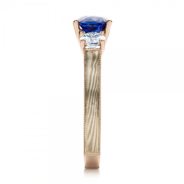 18k Rose Gold And 18K Gold 18k Rose Gold And 18K Gold Women's Blue Sapphire Diamond And Mokume Engagement Ring - Side View -  100278
