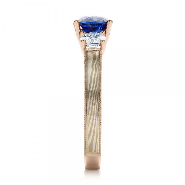 18k Rose Gold And 18K Gold 18k Rose Gold And 18K Gold Women's Blue Sapphire Diamond And Mokume Engagement Ring - Side View -  100278
