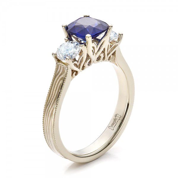 18k White Gold And 14K Gold 18k White Gold And 14K Gold Women's Blue Sapphire Diamond And Mokume Engagement Ring - Three-Quarter View -  100278