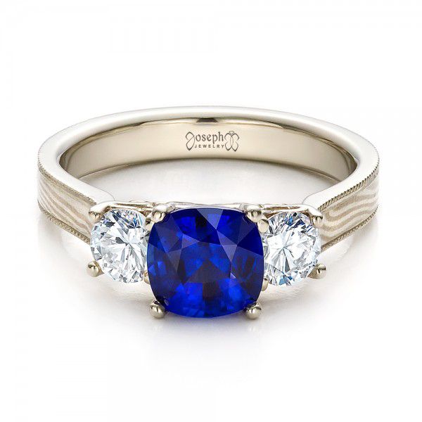 18k White Gold And 18K Gold Women's Blue Sapphire Diamond And Mokume Engagement Ring - Flat View -  100278