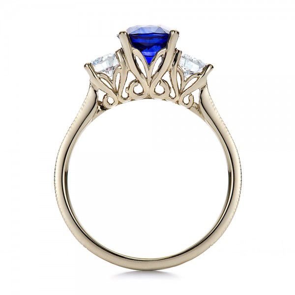 18k White Gold And 18K Gold Women's Blue Sapphire Diamond And Mokume Engagement Ring - Front View -  100278