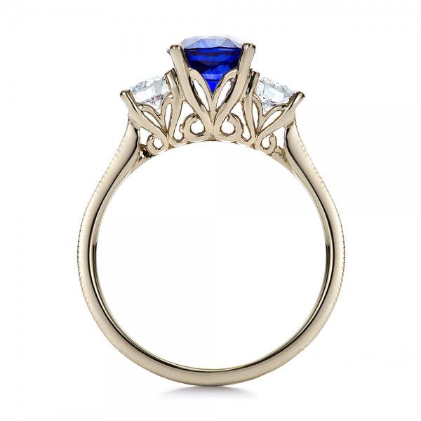18k White Gold And 18K Gold Women's Blue Sapphire Diamond And Mokume Engagement Ring - Front View - 100278
