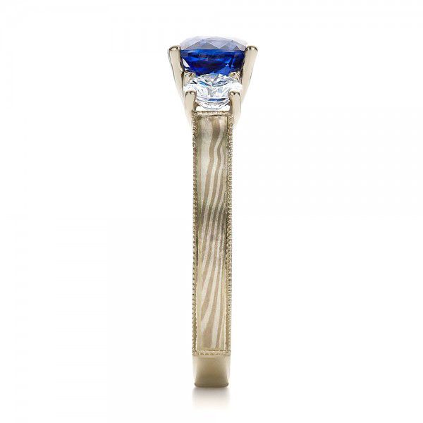 18k White Gold And 18K Gold Women's Blue Sapphire Diamond And Mokume Engagement Ring - Side View - 100278