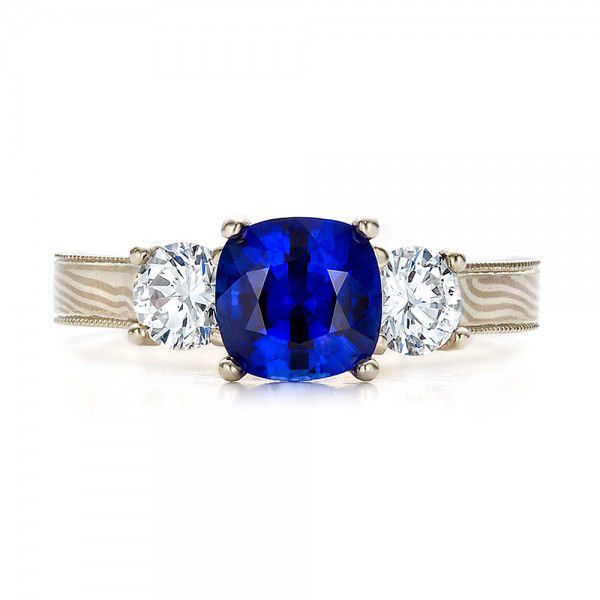 18k White Gold And 18K Gold Women's Blue Sapphire Diamond And Mokume Engagement Ring - Top View - 100278