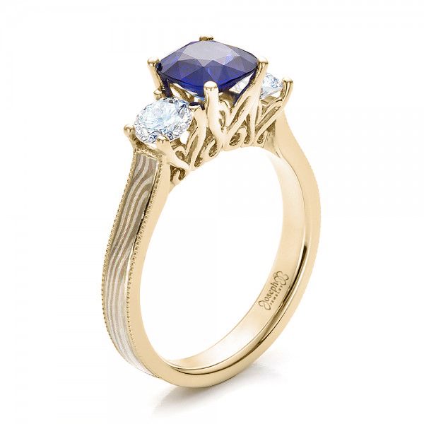 14k Yellow Gold And 14K Gold 14k Yellow Gold And 14K Gold Women's Blue Sapphire Diamond And Mokume Engagement Ring - Three-Quarter View -  100278