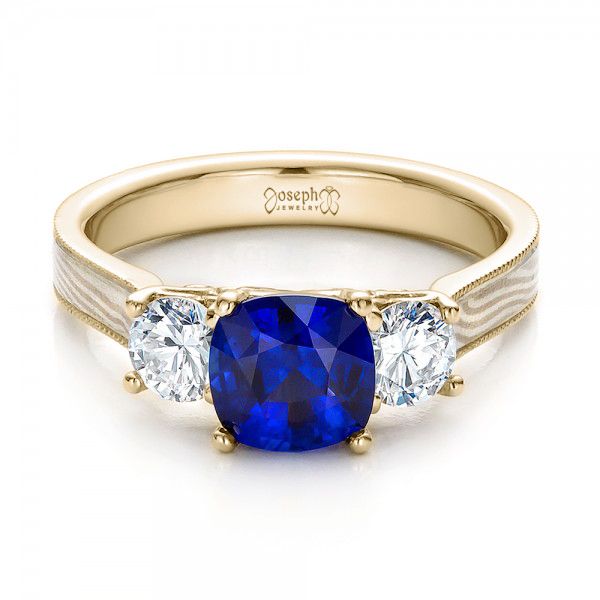 14k Yellow Gold And 14K Gold 14k Yellow Gold And 14K Gold Women's Blue Sapphire Diamond And Mokume Engagement Ring - Flat View -  100278