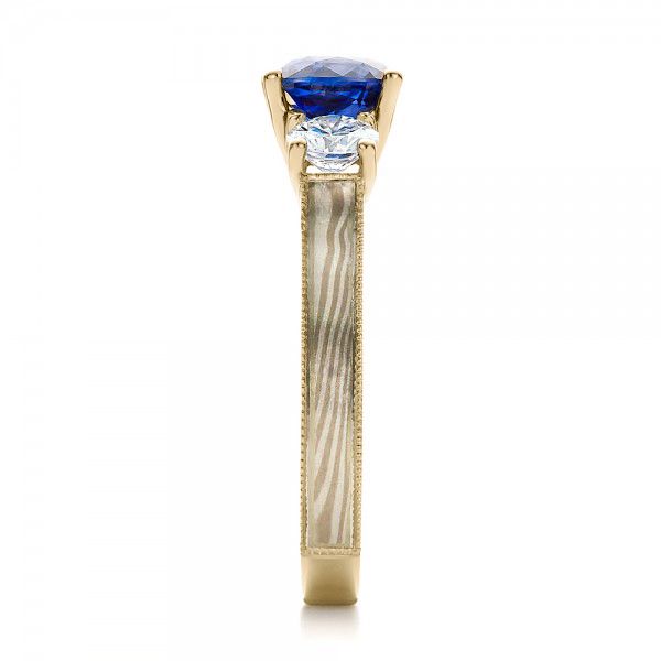 18k Yellow Gold And Platinum 18k Yellow Gold And Platinum Women's Blue Sapphire Diamond And Mokume Engagement Ring - Side View -  100278