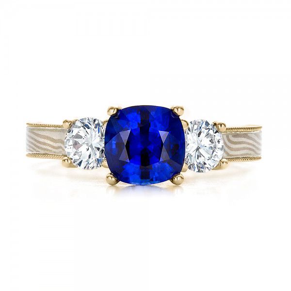 18k Yellow Gold And 18K Gold 18k Yellow Gold And 18K Gold Women's Blue Sapphire Diamond And Mokume Engagement Ring - Top View -  100278