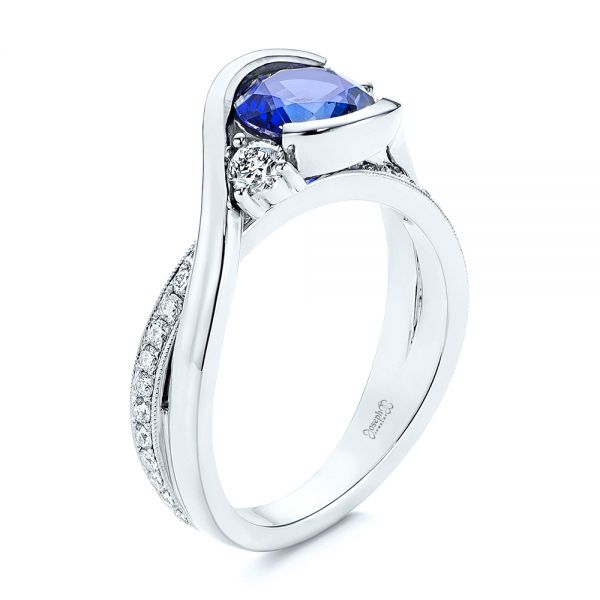14k White Gold Wrapped Three-stone Sapphire And Diamond Engagement Ring - Three-Quarter View -  106192