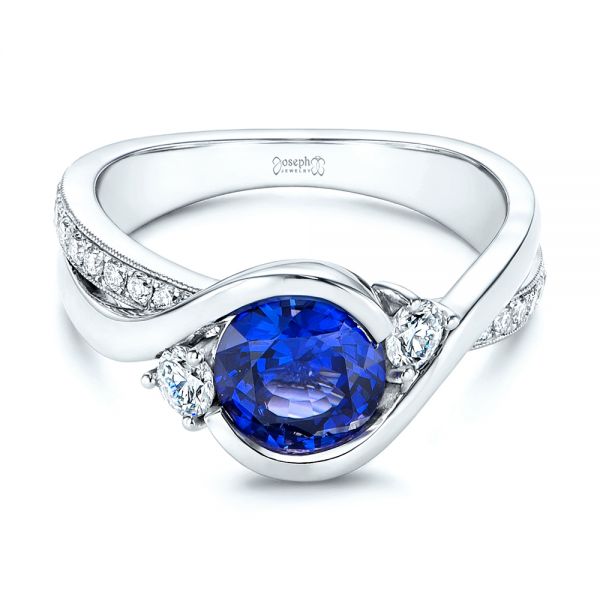 14k White Gold Wrapped Three-stone Sapphire And Diamond Engagement Ring - Flat View -  106192