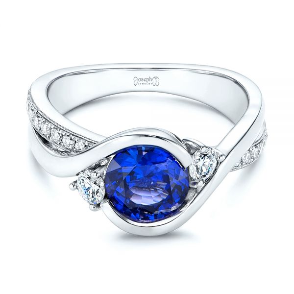 14k White Gold Wrapped Three-stone Sapphire And Diamond Engagement Ring - Flat View -  106192 - Thumbnail