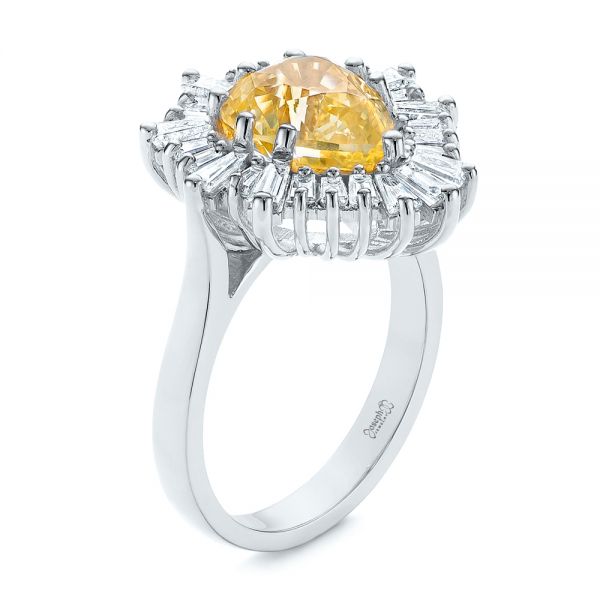 18k White Gold 18k White Gold Yellow Sapphire And Baguette Diamond Halo Engagement Ring - Three-Quarter View - 105771