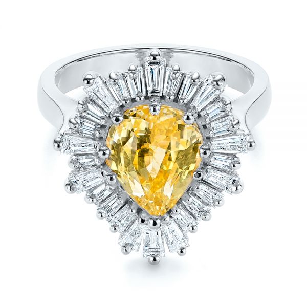 18k White Gold 18k White Gold Yellow Sapphire And Baguette Diamond Halo Engagement Ring - Flat View - 105771