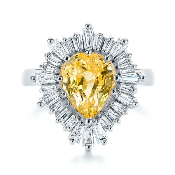 14k White Gold 14k White Gold Yellow Sapphire And Baguette Diamond Halo Engagement Ring - Top View -  105771