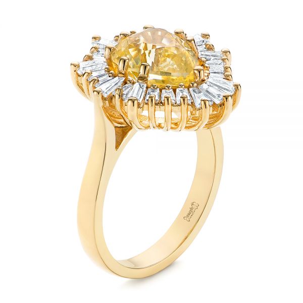 14k Yellow Gold Yellow Sapphire And Baguette Diamond Halo Engagement Ring - Three-Quarter View -  105771