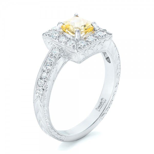  Platinum Yellow Sapphire And Diamond Halo Engagement Ring - Three-Quarter View -  102258