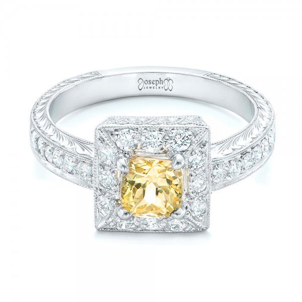  Platinum Yellow Sapphire And Diamond Halo Engagement Ring - Flat View -  102258