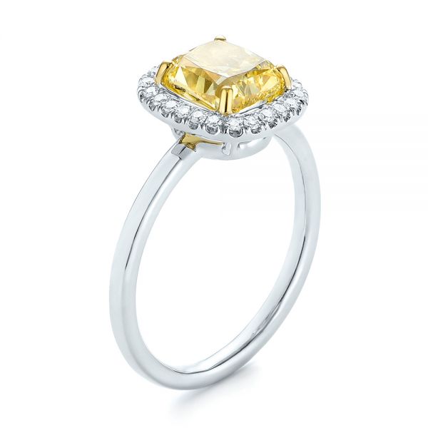 Platinum Yellow And White Diamond Halo Engagement Ring - Three-Quarter View - 104135