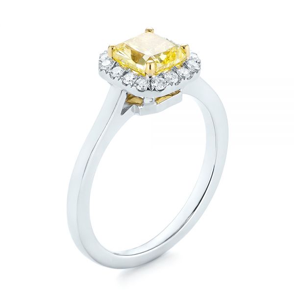Yellow And White Diamond Halo Engagement Ring - Three-Quarter View -  104143