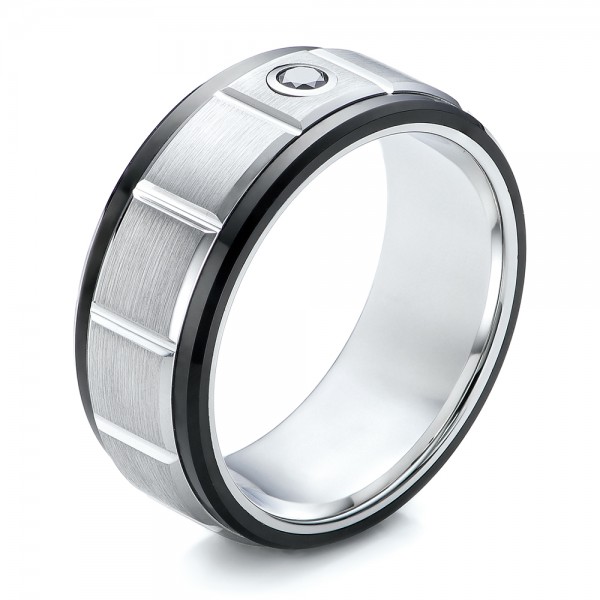 Men's Black And White Brushed Finish Tungsten Band - Three-Quarter View -  101185