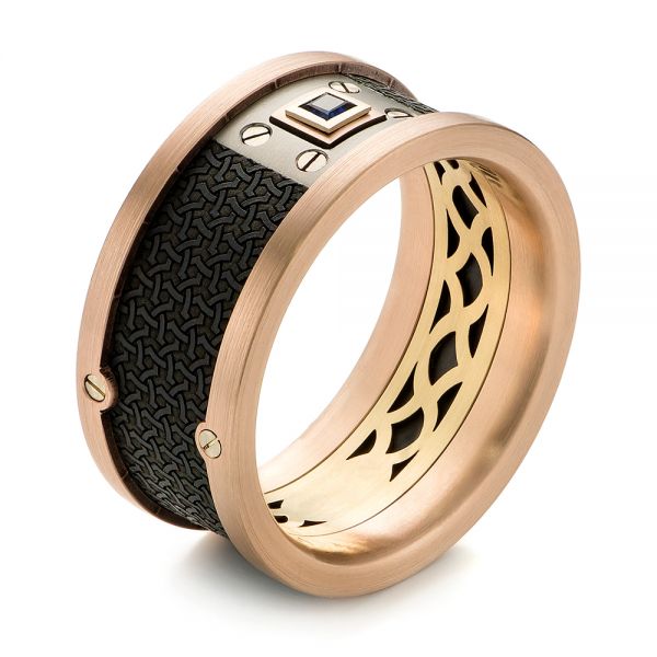 Carbon Fiber Inlay Blue Sapphire Wedding Band - Three-Quarter View -  103859