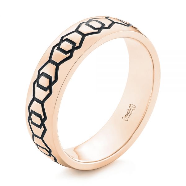 18k Rose Gold 18k Rose Gold Custom Black Antique Hexagon Engraved Men's Band - Three-Quarter View -  104876