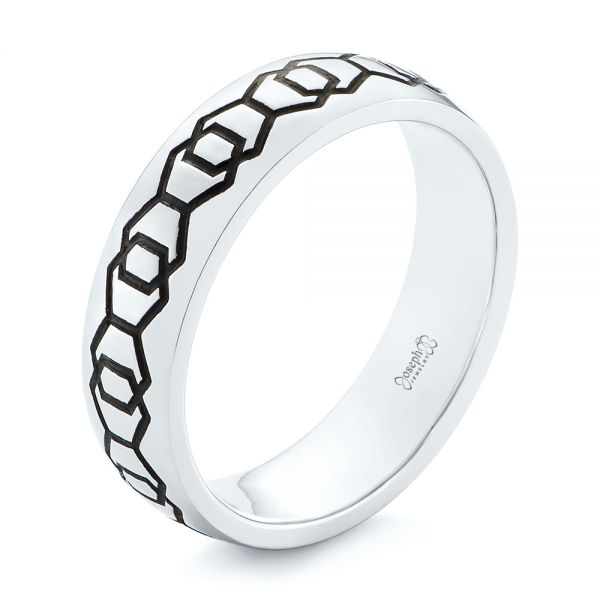 14k White Gold Custom Black Antique Hexagon Engraved Men's Band - Three-Quarter View -  104876