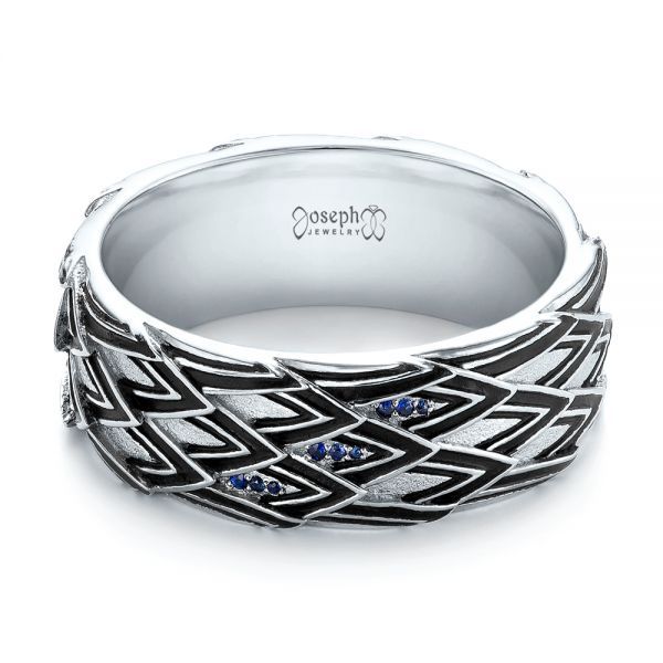 14k White Gold Custom Black Antiqued Blue Sapphire Men's Band - Flat View - 103911