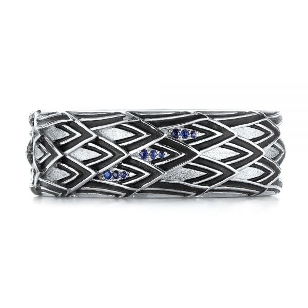14k White Gold Custom Black Antiqued Blue Sapphire Men's Band - Top View - 103911