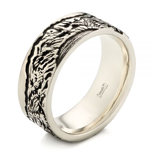 18k White Gold 18k White Gold Custom Black Antiqued Engraved Men's Band - Three-Quarter View -  103613