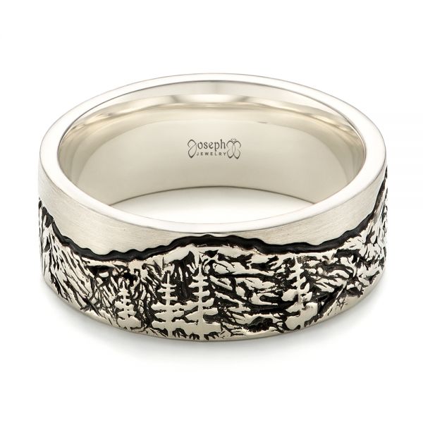 14k White Gold Custom Black Antiqued Engraved Men's Band - Flat View - 103613