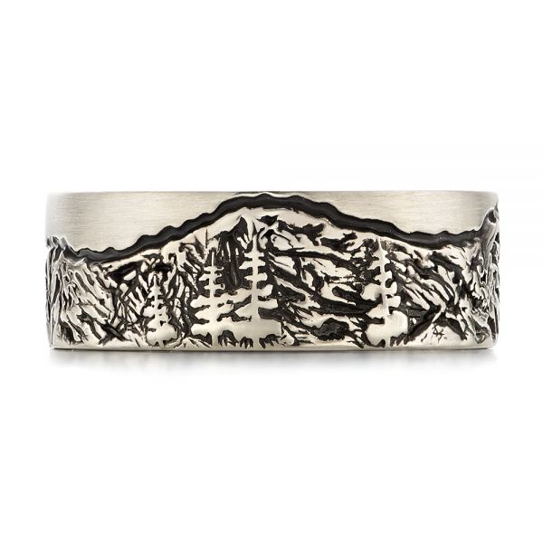 14k White Gold Custom Black Antiqued Engraved Men's Band - Top View - 103613