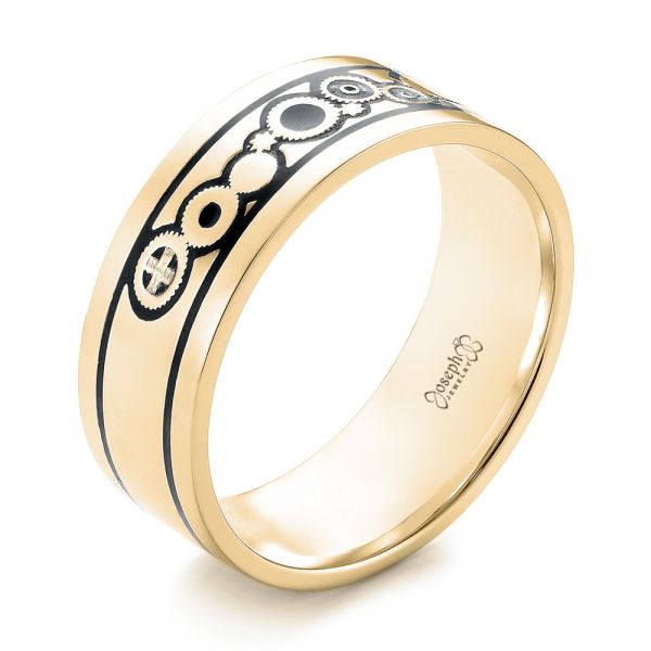 14k Yellow Gold 14k Yellow Gold Custom Black Antiqued Engraved Men's Band - Three-Quarter View - 103281