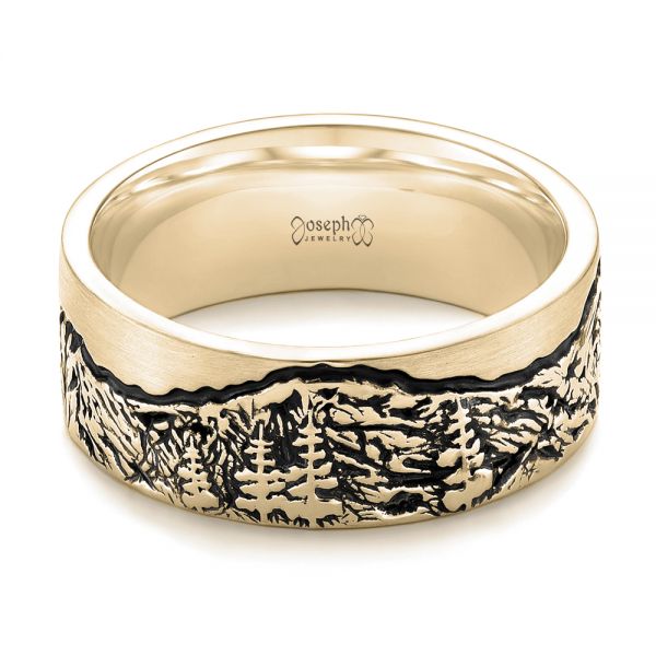 14k Yellow Gold 14k Yellow Gold Custom Black Antiqued Engraved Men's Band - Flat View - 103613