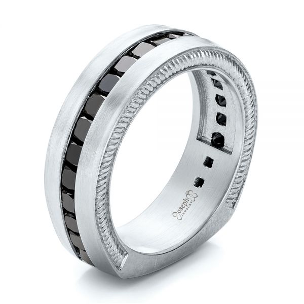 18k White Gold 18k White Gold Custom Black Diamond And Brushed Men's Band - Three-Quarter View -  102045