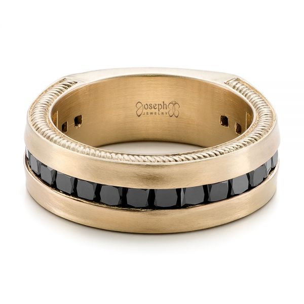 14k Yellow Gold Custom Black Diamond And Brushed Men's Band - Flat View -  102045