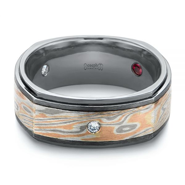 Custom Black Ruby And Diamond Mokume Men's Band - Flat View - 104850