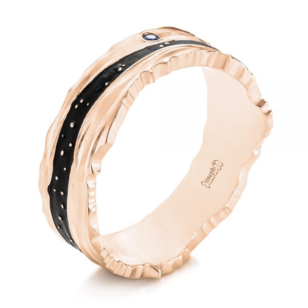 14k Rose Gold 14k Rose Gold Custom Blue Sapphire Black Antiqued Men's Band - Three-Quarter View -  104112