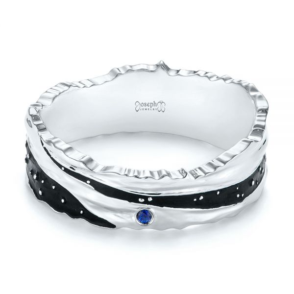 14k White Gold Custom Blue Sapphire Black Antiqued Men's Band - Flat View -  104112