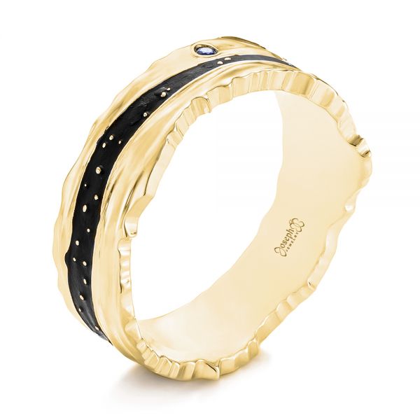 18k Yellow Gold 18k Yellow Gold Custom Blue Sapphire Black Antiqued Men's Band - Three-Quarter View -  104112